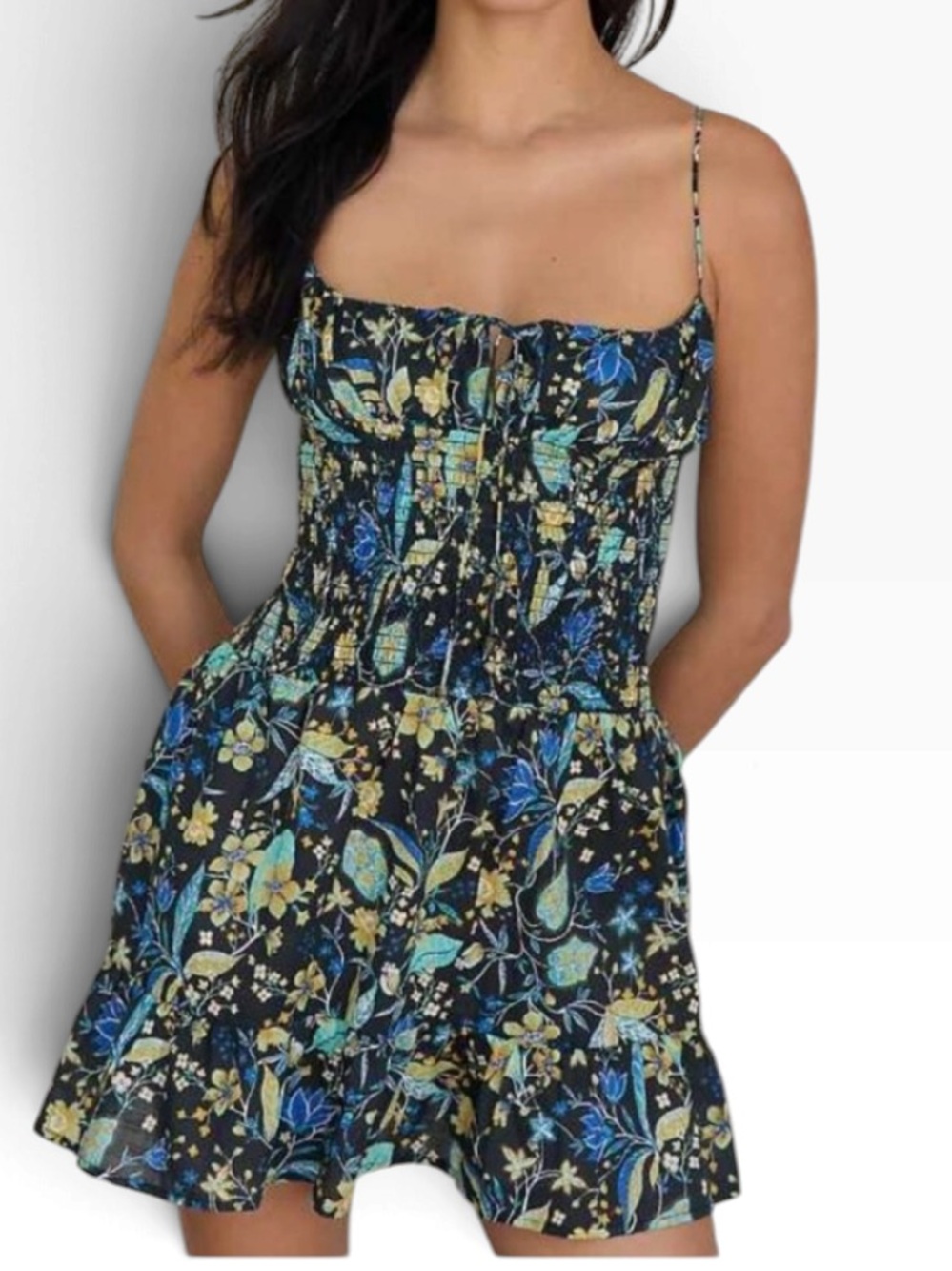 Celandine Anthropologie Josephine Floral Smocked Mini Dress in Black Blue size L